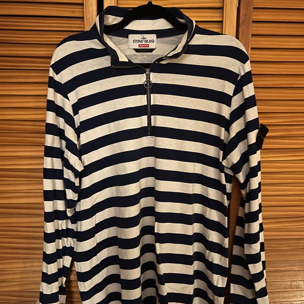 Stone Island x Supreme - blue and white striped quarter zip